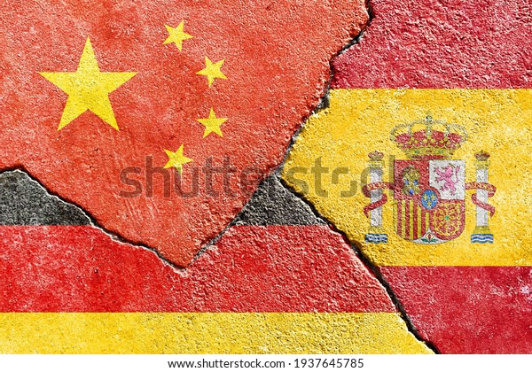 China VS Spain VS Germany national flags icon\
on broken weathered wall with cracks, abstract international\
country political economic relationship conflicts pattern texture\
background wallpaper