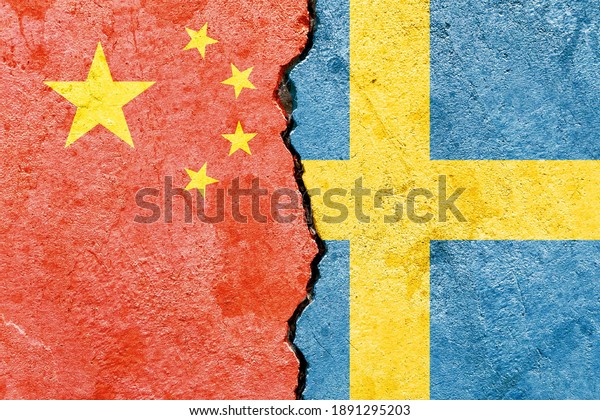 China vs Sweden national flags icon grunge\
pattern isolated on broken weathered cracked wall background,\
abstract China Sweden relationship friendship divided conflicts\
concept texture wallpaper
