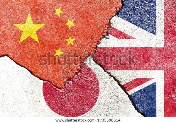 China VS UK VS Japan national flags icon on\
broken weathered concrete wall with cracks, abstract international\
country political economic relationship conflicts pattern texture\
background wallpaper