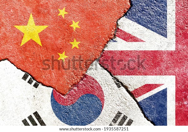 China VS UK VS South Korea national flags icon\
on broken weathered wall with cracks, abstract international\
country political economic relationship conflicts pattern texture\
background wallpaper