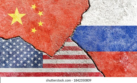 China Vs US (United States) Vs Russia National Flags On Broken Wall With Cracks Background, Abstract China USA Russia International Politics Relationship Conflicts Concept