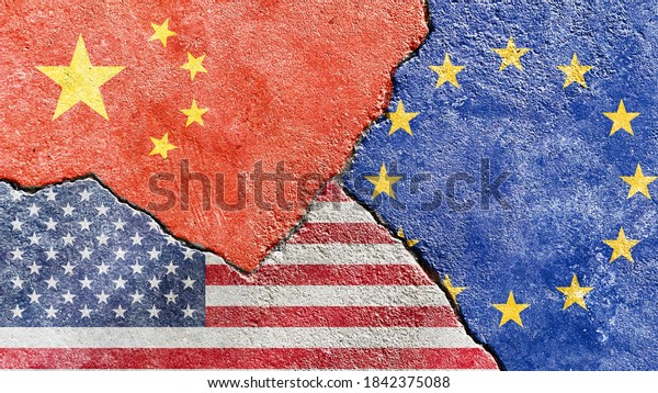 China vs USA vs EU national flags icon grunge\
pattern isolated on broken weathered wall with cracks background,\
abstract China US Europe politics relationship divided conflicts\
texture wallpaper