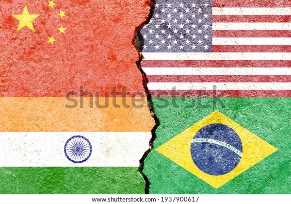 China VS USA VS India VS Brazil national flags\
icon isolated on weathered cracked wall background, abstract world\
politics relationship friendship partnership conflicts concept\
pattern wallpaper