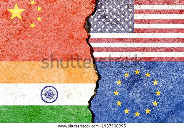 China VS USA VS India VS EU national flags icon\
isolated on weathered cracked wall background, abstract China US\
India EU world politics relationship friendship partnership\
conflicts concept\
wallpaper