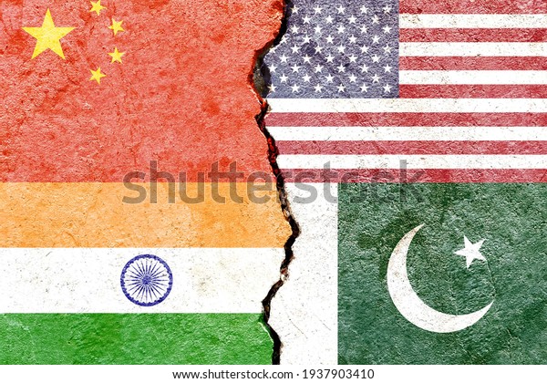 China VS USA VS India VS Pakistan national\
flags icon isolated on weathered cracked wall background, abstract\
world politics relationship friendship partnership conflicts\
concept pattern wallpaper