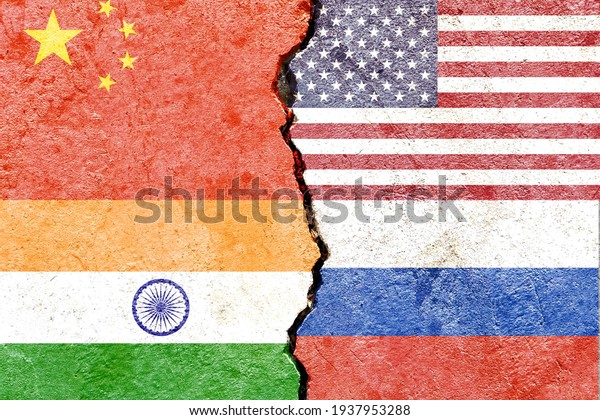 China vs USA vs India vs Russia national flags\
icon isolated on broken weathered cracked wall background, abstract\
international politics relationship friendship partnership divided\
conflicts concept