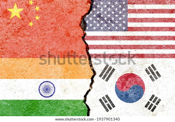 China VS USA VS India VS South Korea national\
flags icon isolated on weathered cracked wall background, abstract\
world politics relationship friendship partnership conflicts\
concept pattern wallpaper