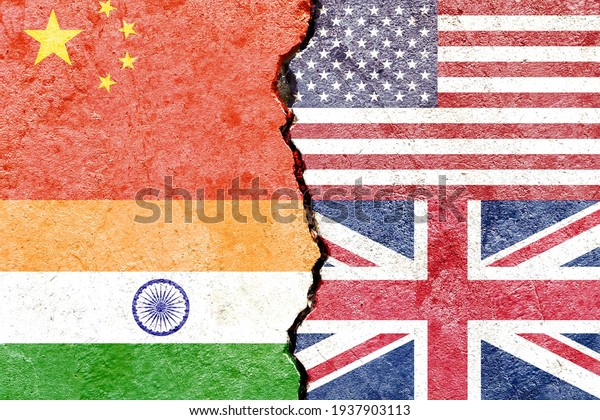 China VS USA VS India VS UK national flags icon\
isolated on weathered cracked wall background, abstract world\
politics relationship friendship partnership conflicts concept\
pattern wallpaper