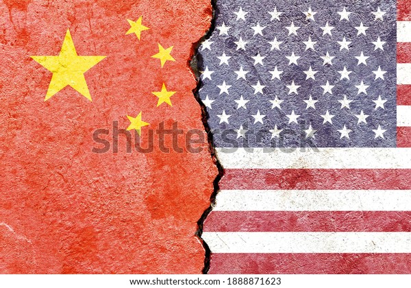 China VS USA\
national flags icon isolated on broken weathered cracked wall\
background, abstract China US politics economy trade relationship\
friendship conflicts\
concept