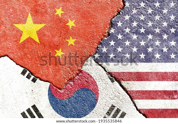 China vs USA\
vs South Korea national flags icon isolated on broken weathered\
cracked wall background, abstract China US Korea politics economy\
conflicts concept texture\
wallpaper