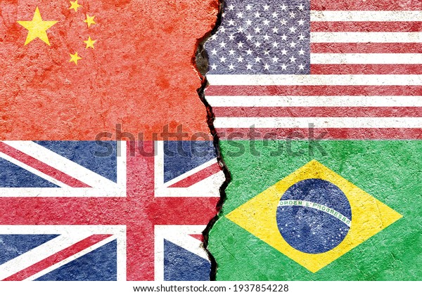China VS USA VS UK VS Brazil national flags\
icon on broken cracked wall background, abstract international\
political relationship partnership friendship conflicts concept\
pattern texture wallpaper
