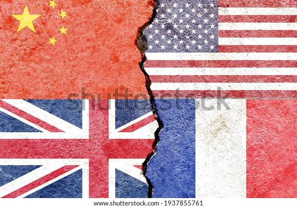 China VS USA VS UK VS France national flags\
icon on broken cracked wall background, abstract international\
political relationship partnership friendship conflicts concept\
pattern texture wallpaper
