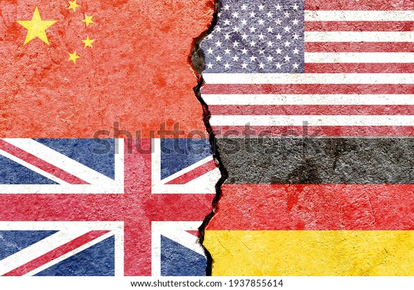 China VS USA VS UK VS Germany national flags\
icon on broken cracked wall background, abstract international\
political relationship partnership friendship conflicts concept\
pattern texture wallpaper