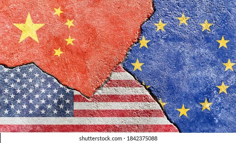 China Vs USA (United States Of America) Vs EU (European Union) Flags Isolated On Broken Wall With Cracks Background, Abstract China US Europe Politics Economy Relationship Divided Conflicts Concept