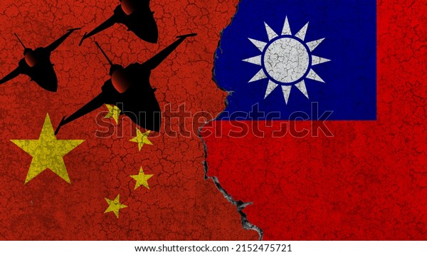 China vs versus Taiwan, China prepares for the\
invasion of Taiwan, two flags and an old wall and military aircraft\
silhouettes on background
