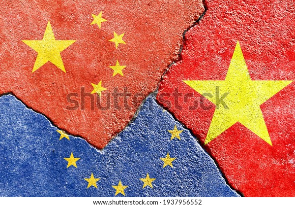 China VS Vietnam VS EU national flags icon\
isolated on broken weathered cracked wall background, abstract\
international politics relationship friendship partnership divided\
conflicts concept\
wallpaper