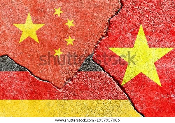 China VS Vietnam VS Germany national flags icon\
isolated on broken cracked wall background, abstract international\
politics relationship friendship partnership divided conflicts\
concept wallpaper