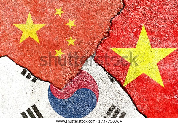 China VS Vietnam VS South Korea national flags\
icon isolated on broken cracked wall background, abstract\
international politics relationship friendship partnership divided\
conflicts concept\
wallpaper