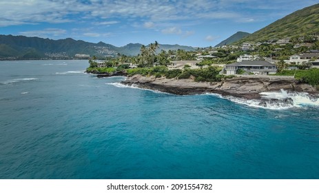 China Walls Ocean Front Homes And Waves Breaking On The Cliffs In Hawaii Kai, Oahu Hawaii.