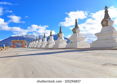 China. Yunnan. Shangri-La region. Dequin, called Shangri-La. Way to Dequin, on the Tibetan Border.Buddhist Stupa. On the Background the Meili Snow Mountain Peack.