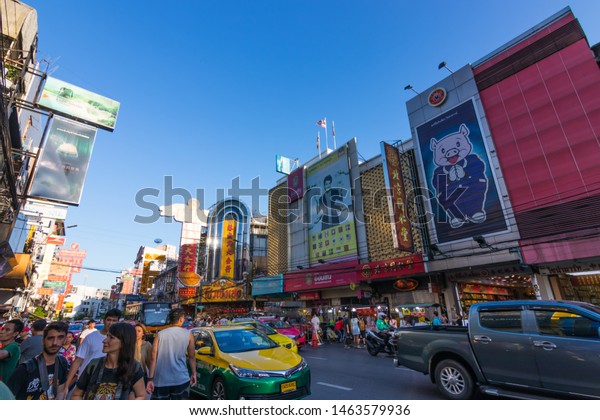 CHINATOWN, BANGKOK - 28 JULY 2019 : Yaowarat\
Road with massive colorful signboards written in Chinese, The main\
street of Chinatown in Bangkok.\
