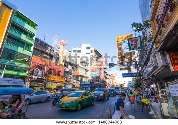 CHINATOWN, BANGKOK - 28 JULY 2019 : Yaowarat\
Road with massive colorful signboards written in Chinese, The main\
street of Chinatown in\
Bangkok.