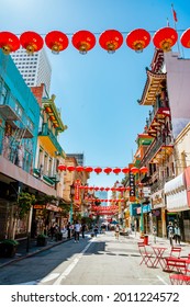 Chinatown in San Francisco. Chinese lanterns on the street. San Francisco, USA - 18 Apr 2021
