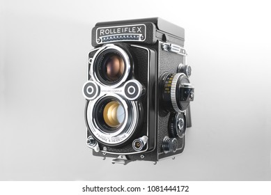 Chinatown,Bangkok/Thailand - May 02 2018 : Photo of popular twin lens reflex medium format 120 roll film camera since 1958 that manufactured by Franke & Heidecke from Germany in name Rolleiflex 3.5F.