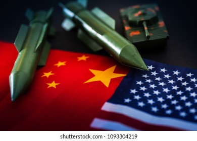 China-US Trade War Concept - Military Facilities On The Flag Of China And The United States, Tank, Rocket, Guns