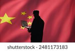 Chinese air defense operator using radar system on laptop to detect intercontinental ballistic missiles. CCP red army soldier scanning rockets approaching borders, isolated over China flag, camera B