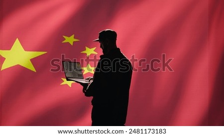 Chinese air defense operator using radar system on laptop to detect intercontinental ballistic missiles. CCP red army soldier scanning rockets approaching borders, isolated over China flag, camera B