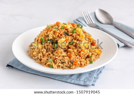 Chinese Asian Egg and Vegetable Fried Rice on a White Plate on the White Background.