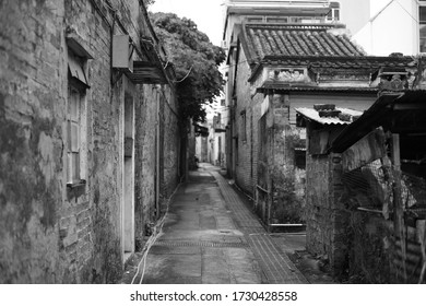 Chinese Buildings In Old Vintage Village And Town Of Hong Kong - Black And White