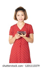 Chinese Buisness Woman Holding A Small Tablet Computer Isolated On A White Background