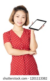 Chinese Buisness Woman Holding A Small Tablet Computer Isolated On A White Background