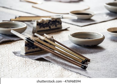 Chinese Calligraphy Tools On Table