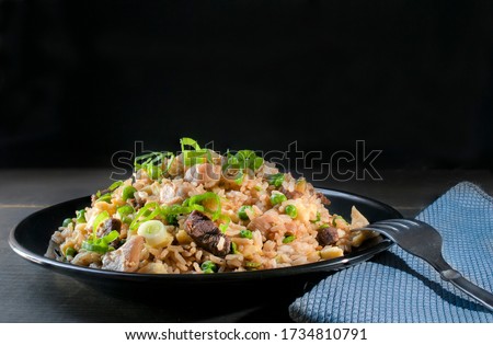 Chinese Cantonese fried rice with chicken, peas and chives on top, in a black background. Asian food concept