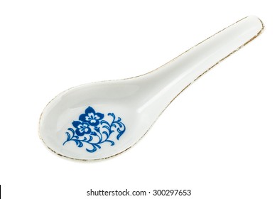 A Chinese Ceramic Soup Spoon Isolated Over A White Background