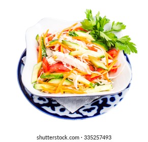 Chinese Chicken Salad With Cucumber And Tomatoes. Isolated On A White Background.