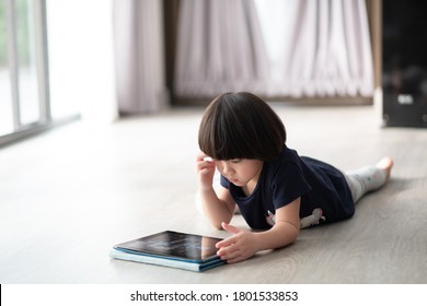 Chinese Child Addicted Phone, Asian Girl Playing Smartphone, Kid Watching Cartoon
