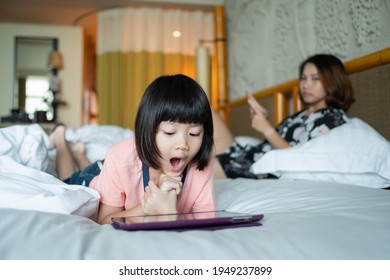 Chinese Child Addicted Phone, Asian Girl Playing Smartphone, Kid Watching Cartoon
