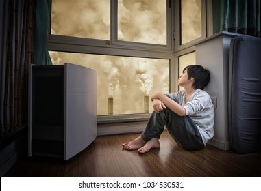 Chinese Child Looking At Polluted Air Outside