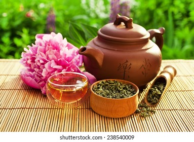 Chinese Clay Teapot With Glass Cup, Green Tea, Scoop And Peony Flower