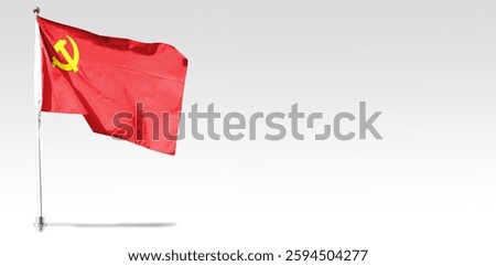 The Chinese Communist Party flag flutters in the wind. Isolated on white background. Basemap and background concept. For news or layout design