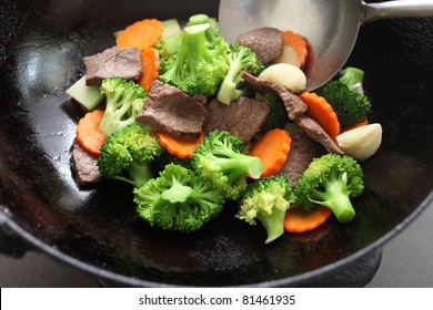 Chinese Cuisine, Cooking Of Beef And Broccoli Stir Fried