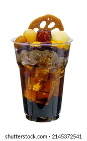 Chinese Dessert. Consisting Of Syrup, Lotus Root, Longan, Grass Jelly, Water Chestnut, Jujube, Ginkgo, Millet, Red Bean. 