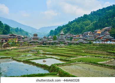 Chinese Dong Village Zhaoxing with the rice terrace from top of the hill, Province of Guizhou, China                               