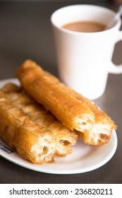 Chinese Doughnut Or You Tiao With Milky Tea