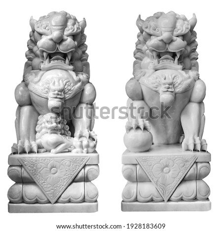 Chinese entrance Guardian Lion Foo Fu dog statue. Buddhist Stone marble Two sculpture dogs isolated on white