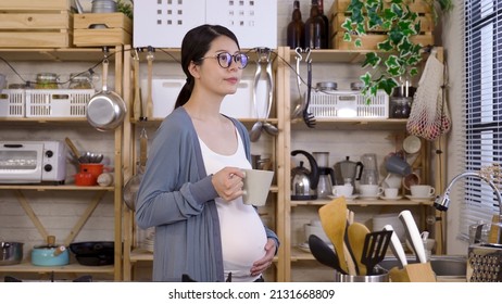 Chinese Expectant Lady Sipping Water From Cup Is Walking To The Kitchen Window And Looking Outside With A Smile In The Morning.